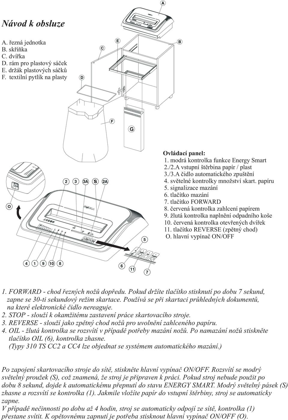 èervená kontrolka zahlcení papírem 9. žlutá kontrolka naplnìní odpadního koše 10. èervená kontrolka otevøených dvíøek 11. tlaèítko REVERSE (zpìtný chod) O. hlavní vypínaè ON/OFF 1.