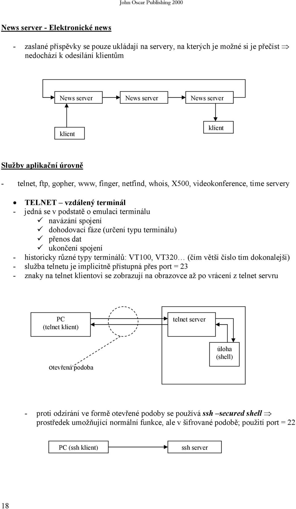 dohodovací fáze (určení typu terminálu) přenos dat ukončení spojení - historicky různé typy terminálů: VT100, VT320 (čím větší číslo tím dokonalejší) - služba telnetu je implicitně přístupná přes