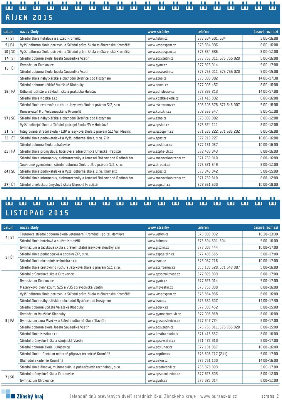 souvk.cz 577 006 452 8:00 16:00 16 PÁ Odborné učiliště a Základní škola praktická Holešov www.ouholesov.cz 573 396 213 14:00 17:00 Konzervatoř P. J. Vejvanovského Kroměříž www.konzkm.