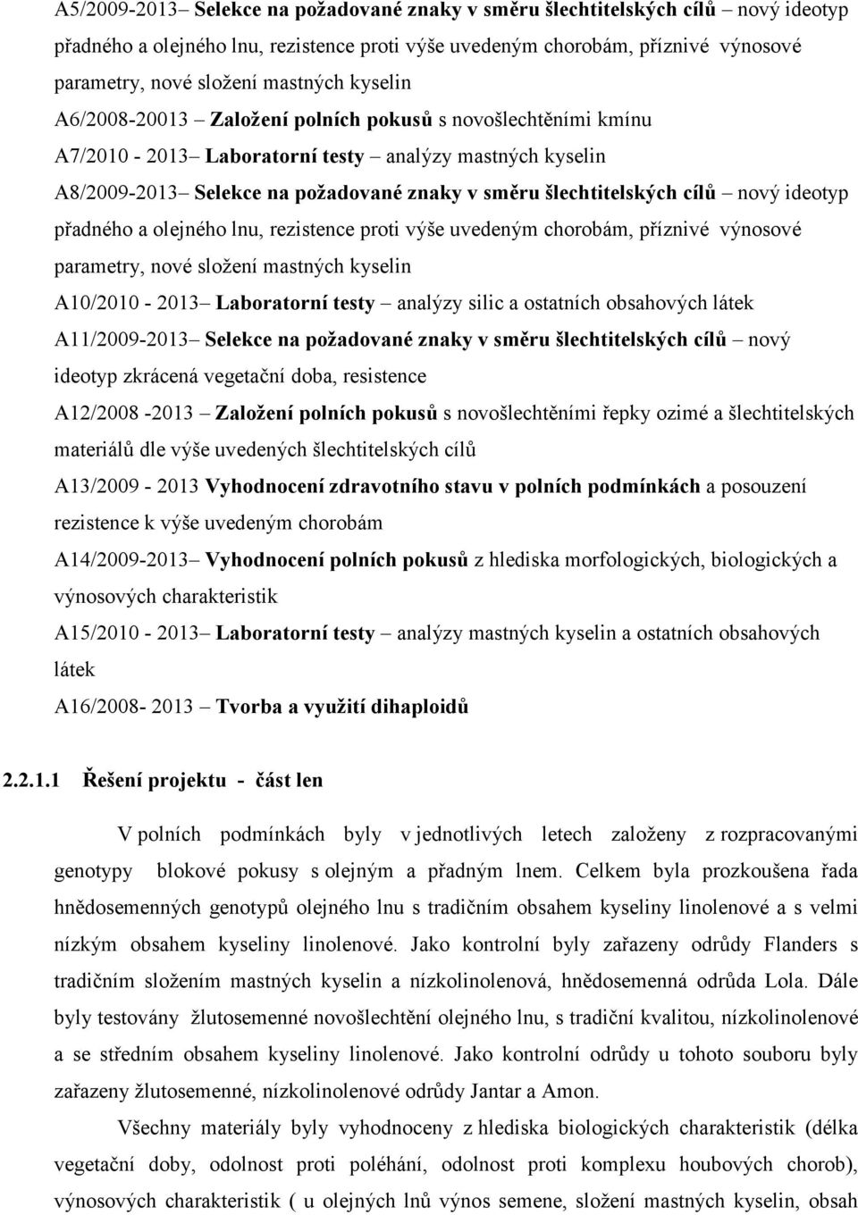 nový ideotyp přadného a olejného lnu, rezistence proti výše uvedeným chorobám, příznivé výnosové parametry, nové složení mastných kyselin A10/2010-2013 Laboratorní testy analýzy silic a ostatních