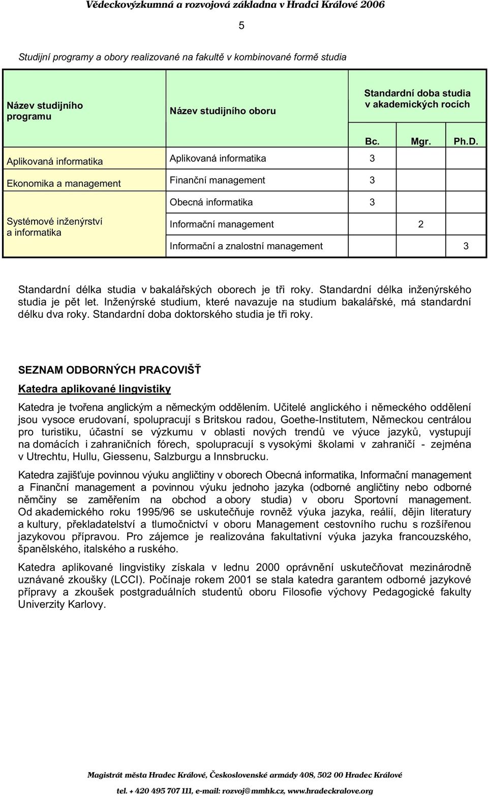 management 3 Standardní délka studia v bakalá ských oborech je t i roky. Standardní délka inženýrského studia je p t let.