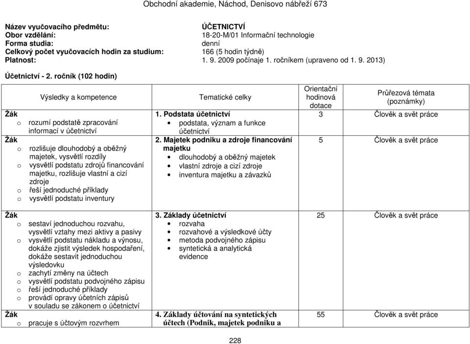 ročník (102 hodin) o rozumí podstatě zpracování informací v účetnictví o rozlišuje dlouhodobý a oběžný majetek, vysvětlí rozdíly o vysvětlí podstatu zdrojů financování, rozlišuje vlastní a cizí