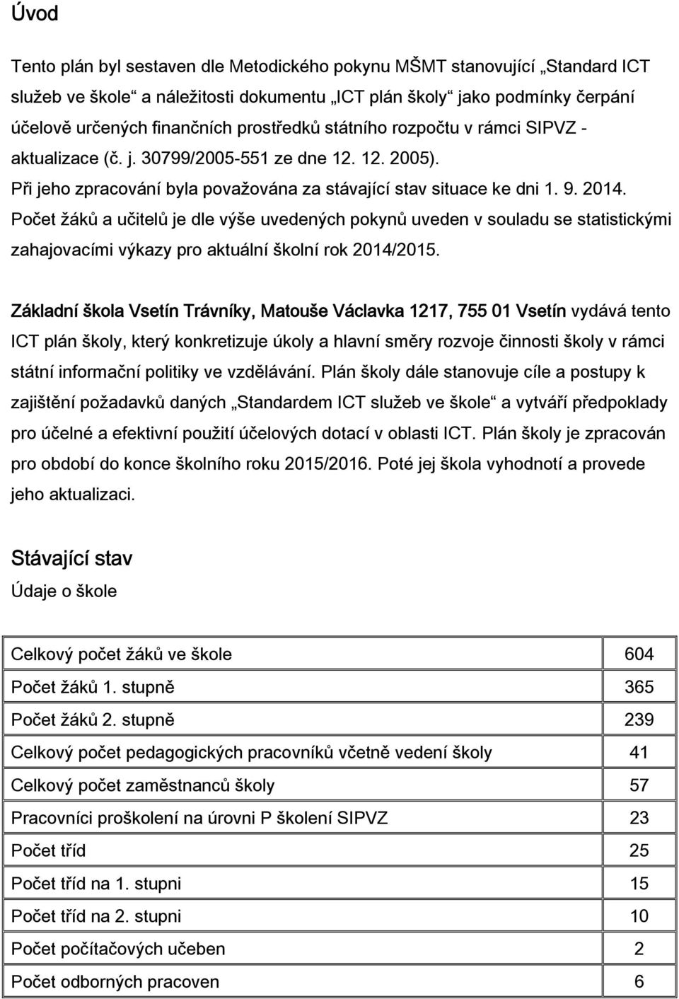 Počet žáků a učitelů je dle výše uvedených pokynů uveden v souladu se statistickými zahajovacími výkazy pro aktuální školní rok 2014/2015.