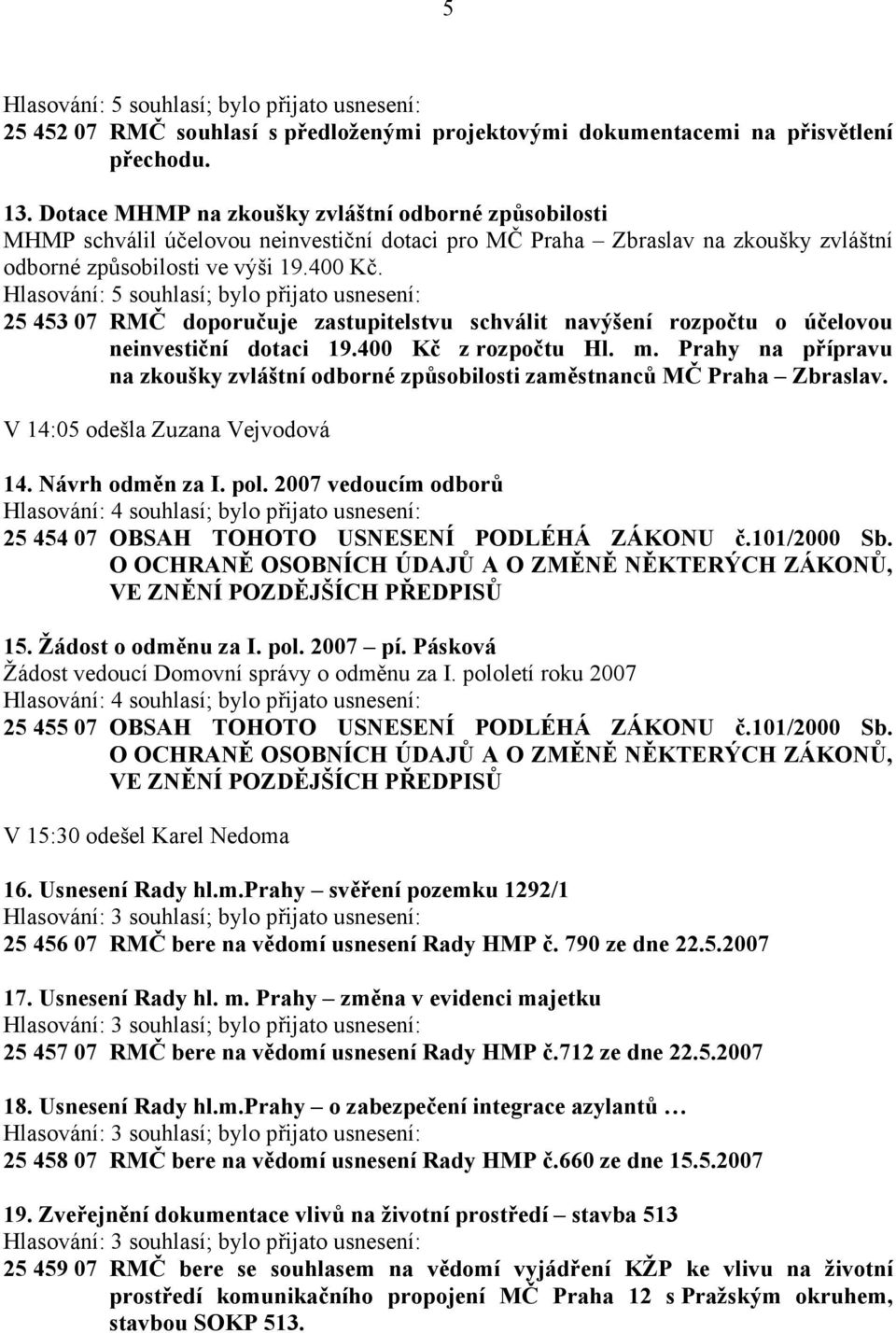25 453 07 RMČ doporučuje zastupitelstvu schválit navýšení rozpočtu o účelovou neinvestiční dotaci 19.400 Kč z rozpočtu Hl. m.