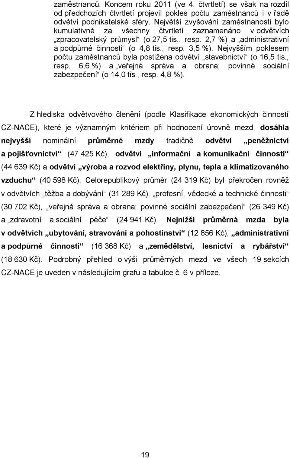 , resp. 3,5 %). Nejvyšším poklesem počtu zaměstnanců byla postižena odvětví stavebnictví (o 16,5 tis., resp. 6,6 %) a veřejná správa a obrana; povinné sociální zabezpečení (o 14,0 tis., resp. 4,8 %).