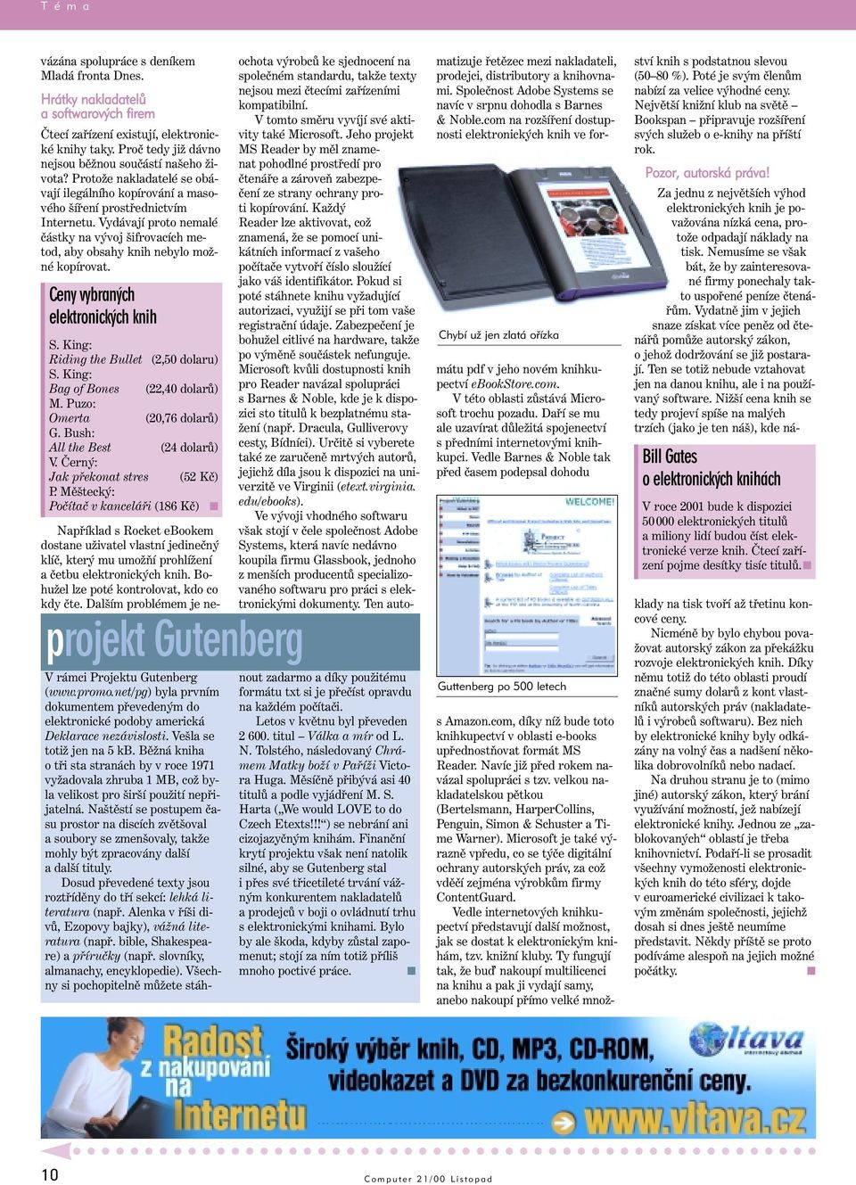 Vydávají proto nemalé částky na vývoj šifrovacích metod, aby obsahy knih nebylo možné kopírovat. Ceny vybraných elektronických knih S. King: Riding the Bullet (2,50 dolaru) S.