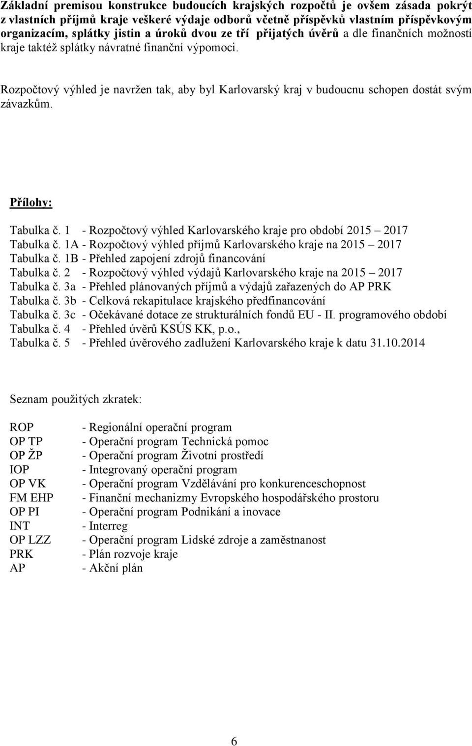 Rozpočtový výhled je navržen tak, aby byl Karlovarský kraj v budoucnu schopen dostát svým závazkům. Přílohy: Tabulka č. 1 - Rozpočtový výhled Karlovarského kraje pro období 2015 2017 Tabulka č.