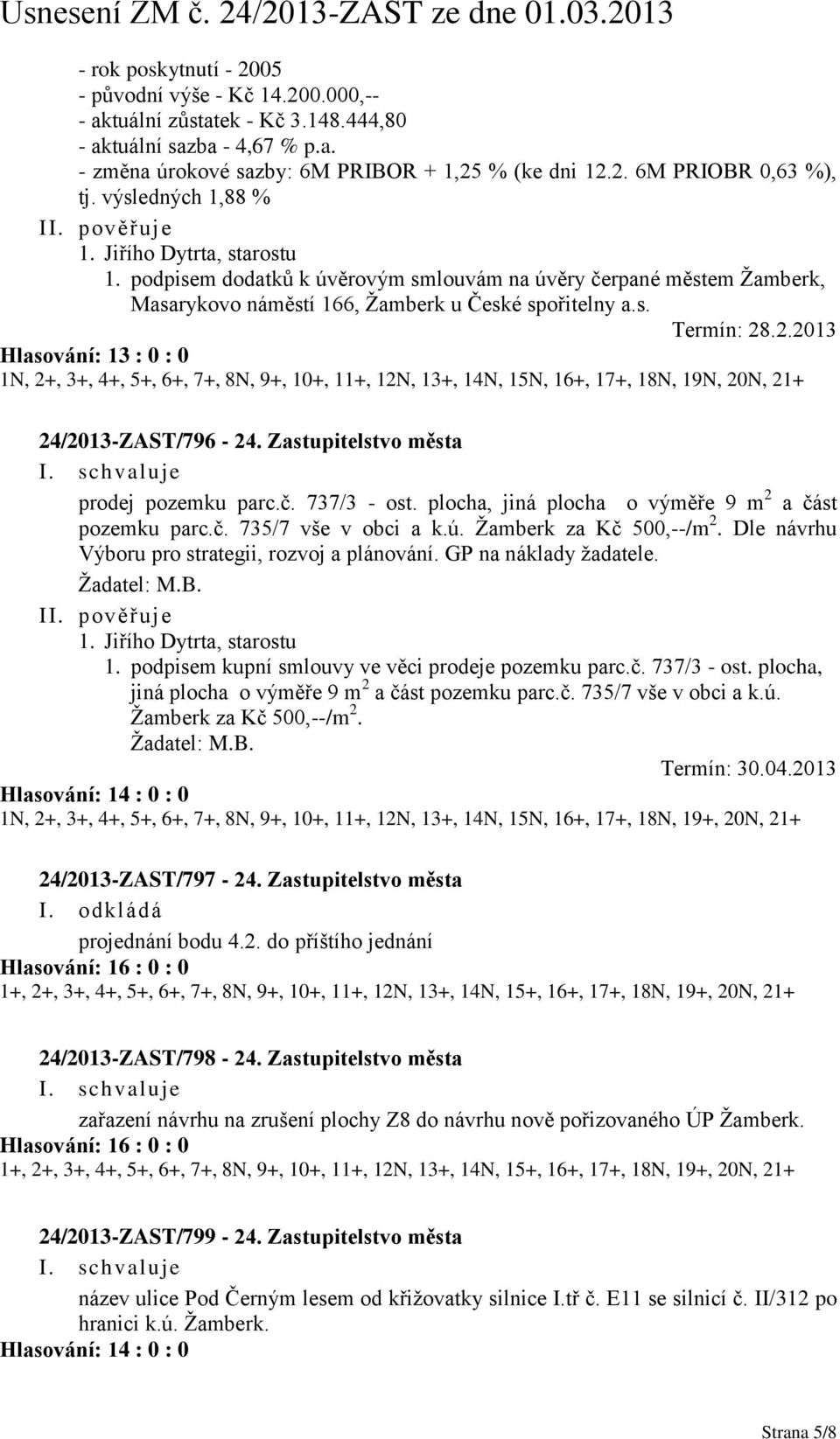 .2.2013 Hlasování: 13 : 0 : 0 1N, 2+, 3+, 4+, 5+, 6+, 7+, 8N, 9+, 10+, 11+, 12N, 13+, 14N, 15N, 16+, 17+, 18N, 19N, 20N, 21+ 24/2013-ZAST/796-24. Zastupitelstvo města prodej pozemku parc.č.