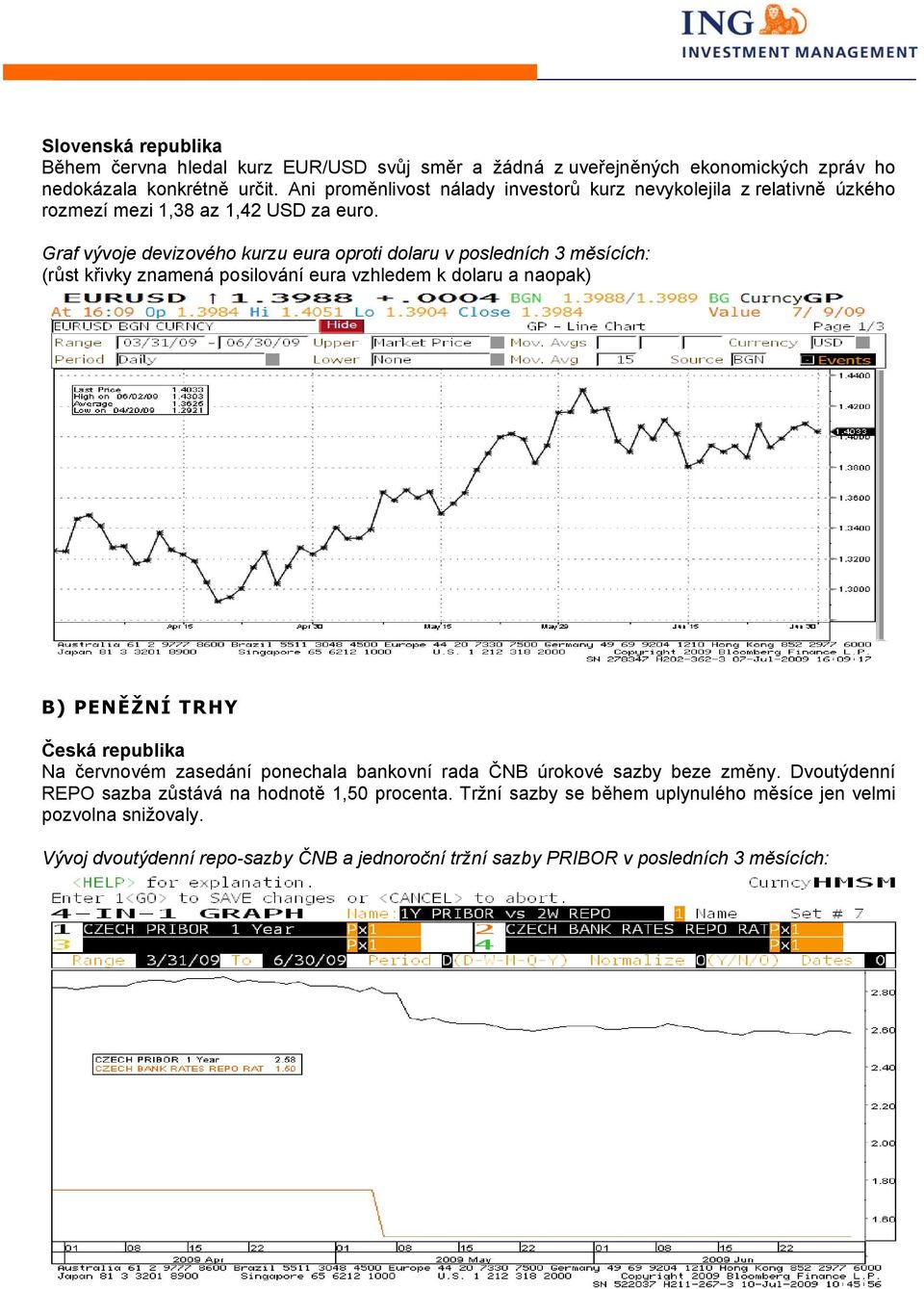 Graf vývoje devizového kurzu eura oproti dolaru v posledních 3 měsících: (růst křivky znamená posilování eura vzhledem k dolaru a naopak) B) PENĚŽNÍ TRHY Česká republika Na