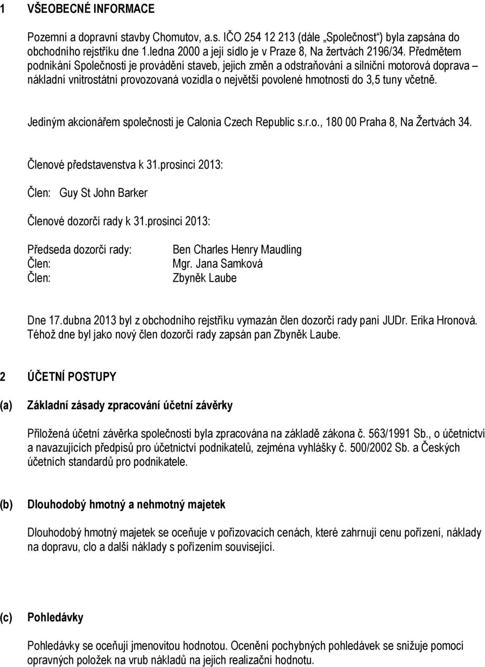 Jediným akcionářem společnosti je Calonia Czech Republic s.r.o., 180 00 Praha 8, Na Žertvách 34. Členové představenstva k 31.prosinci 2013: Člen: Guy St John Barker Členové dozorčí rady k 31.