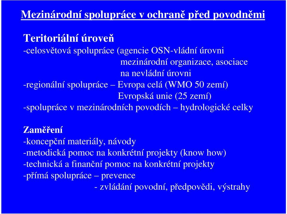 -spolupráce v mezinárodních povodích hydrologické celky Zaměření -koncepční materiály, návody -metodická pomoc na konkrétní