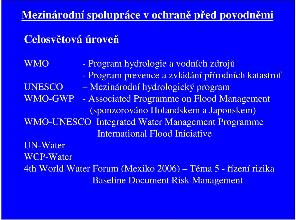 Flood Management (sponzorováno Holandskem a Japonskem) WMO-UNESCO Integrated Water Management Programme International
