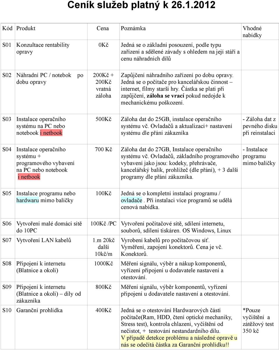 S02 Náhradní PC / notebok po dobu opravy 200Kč 200Kč vratná záloha Zapůjčení náhradního zařízení po dobu opravy. Jedná se o počítače pro kancelářskou činnost internet, filmy starší hry.