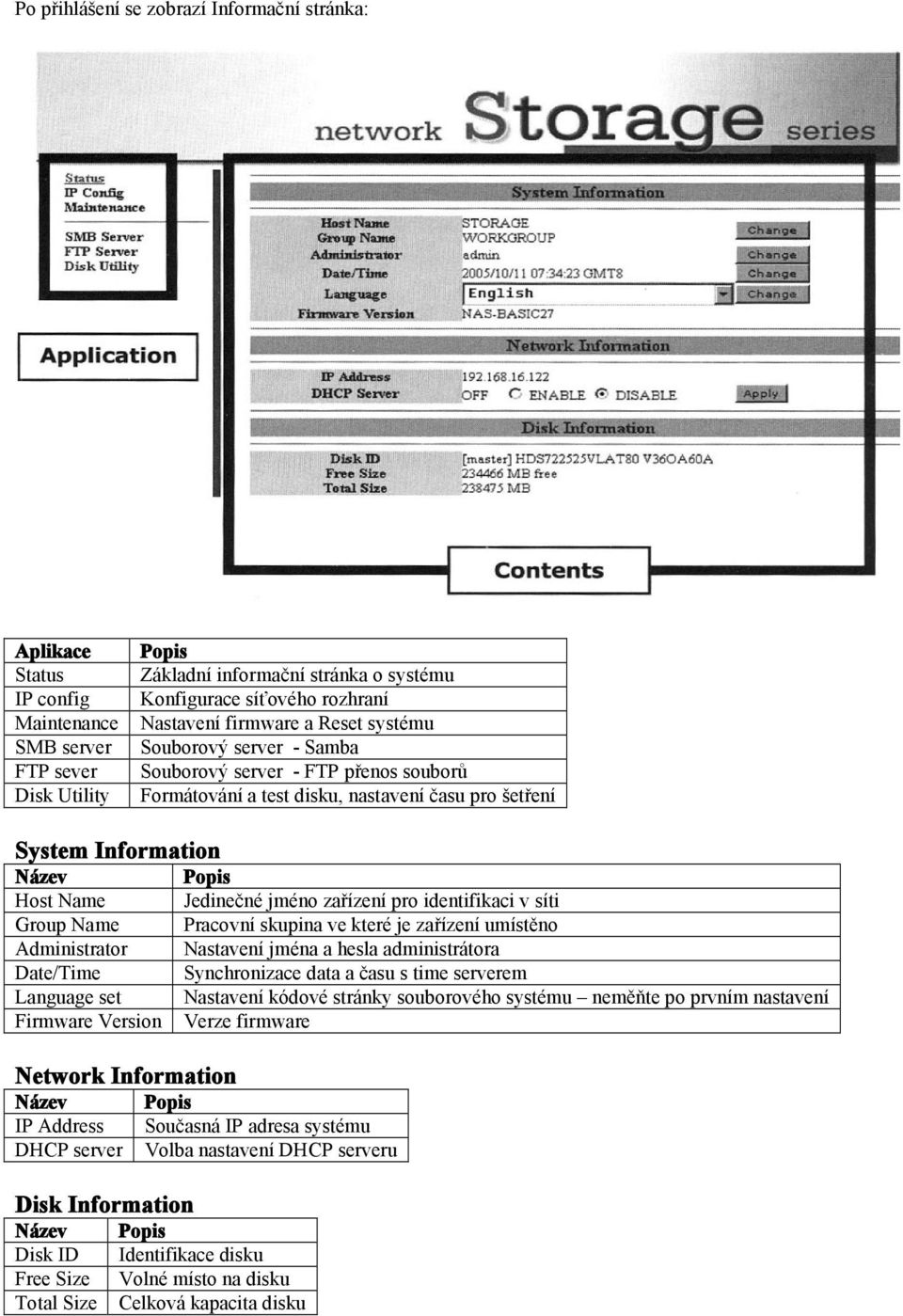 Date/Time Language set Firmware Version Network Information IP Address DHCP server Disk Information Disk ID Free Size Total Size Jedinečné jméno zařízení pro identifikaci v síti Pracovní skupina ve