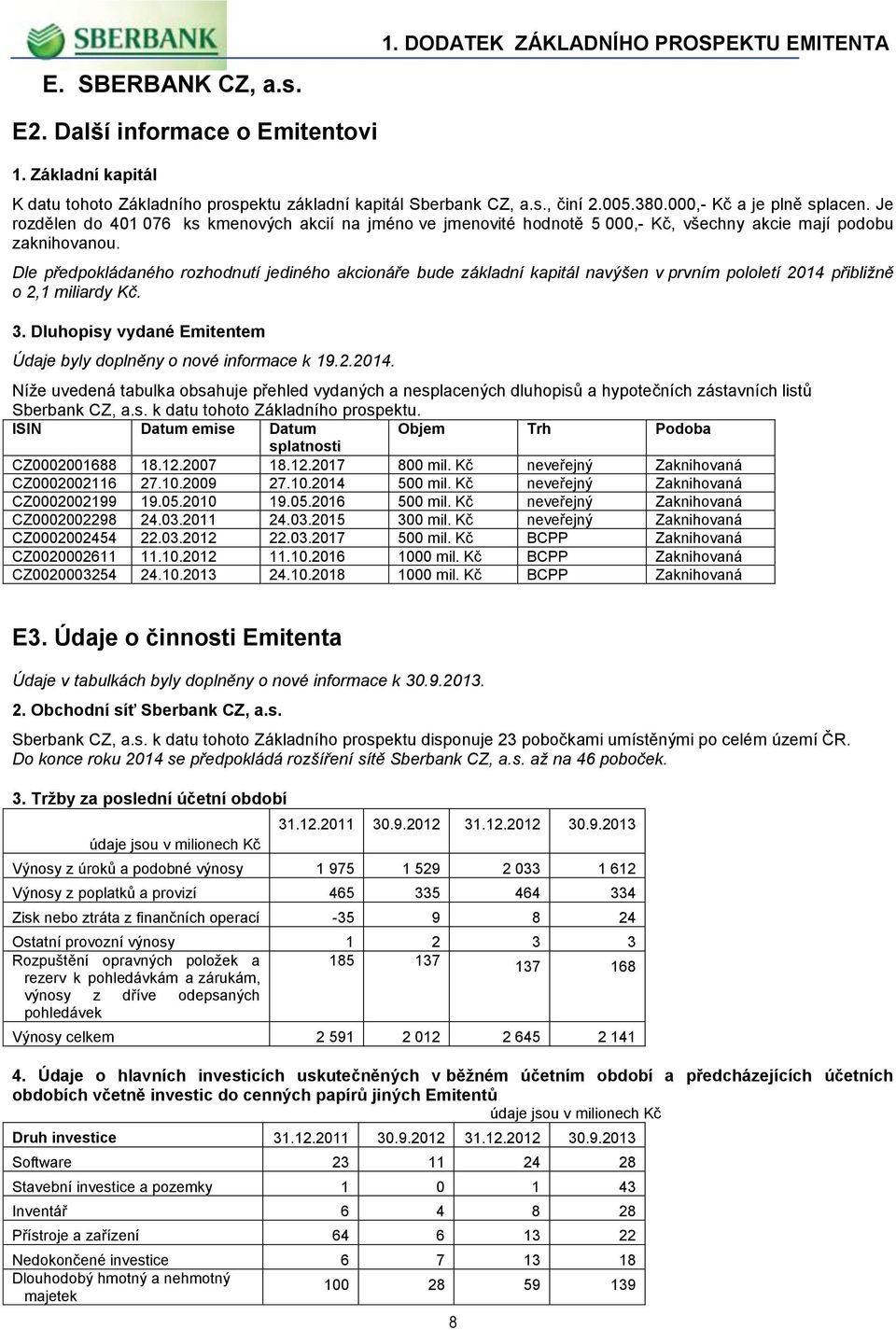 Dle předpokládaného rozhodnutí jediného akcionáře bude základní kapitál navýšen v prvním pololetí 2014 přibližně o 2,1 miliardy Kč. 3.