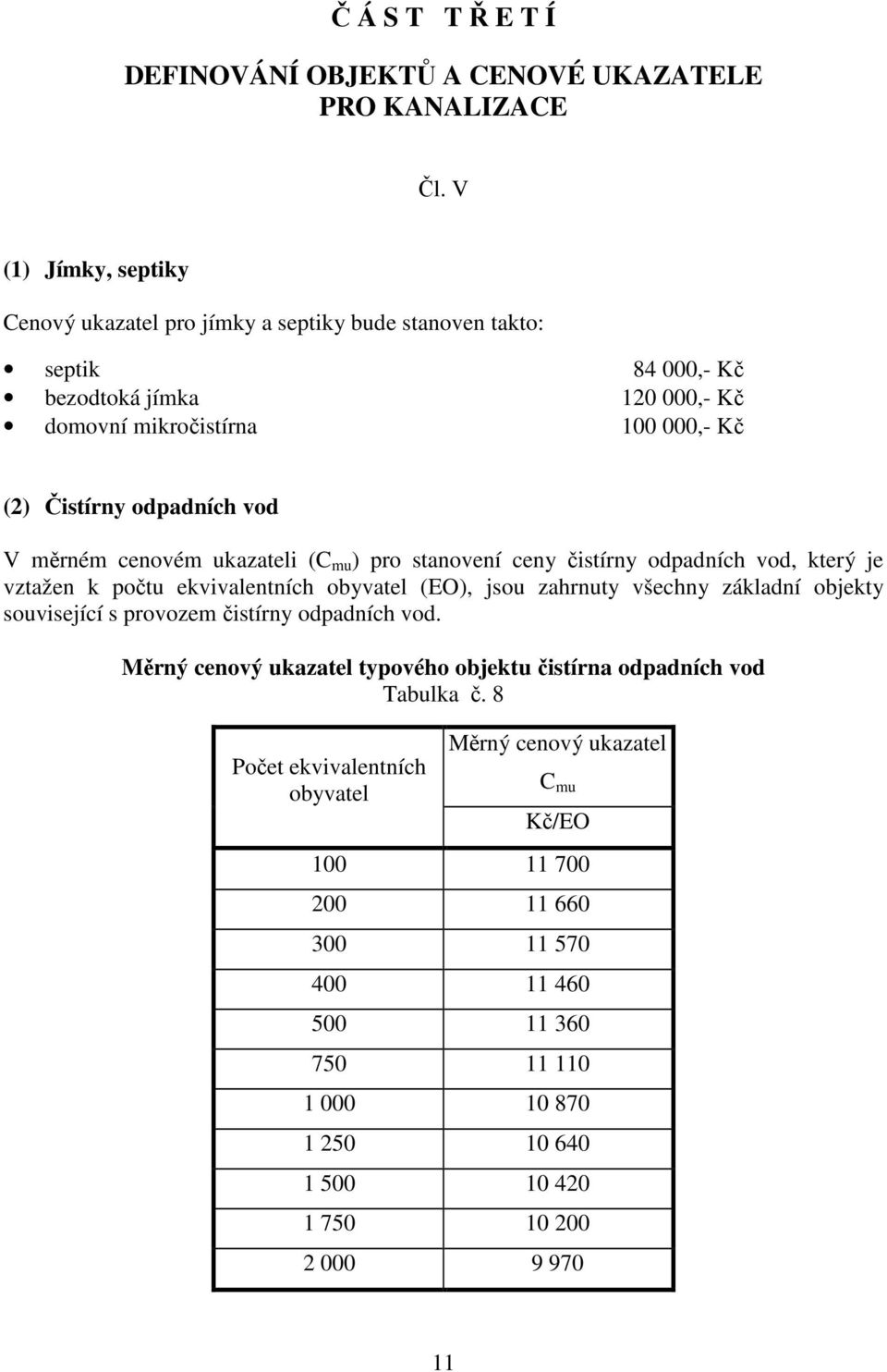 V měrném cenovém ukazateli (C mu ) pro stanovení ceny čistírny odpadních vod, který je vztažen k počtu ekvivalentních obyvatel (EO), jsou zahrnuty všechny základní objekty související s