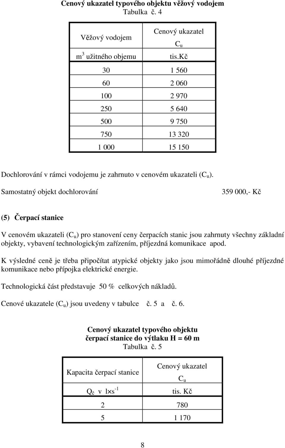 Samostatný objekt dochlorování 359 000,- Kč (5) Čerpací stanice V cenovém ukazateli (C u ) pro stanovení ceny čerpacích stanic jsou zahrnuty všechny základní objekty, vybavení technologickým