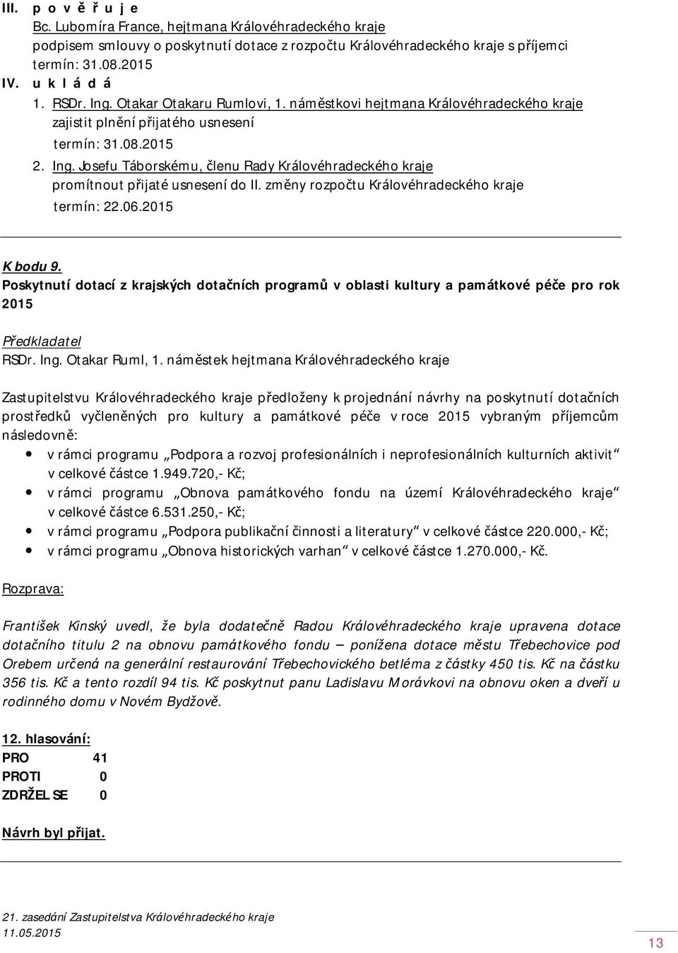 změny rozpočtu Královéhradeckého kraje termín: 22.06.2015 K bodu 9. Poskytnutí dotací z krajských dotačních programů v oblasti kultury a památkové péče pro rok 2015 RSDr. Ing. Otakar Ruml, 1.