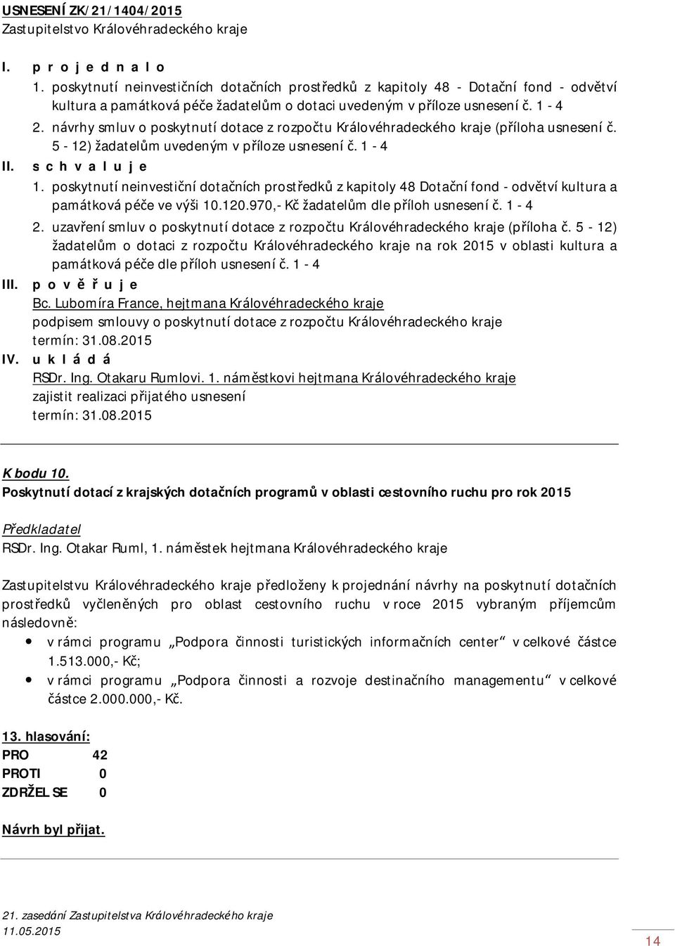 návrhy smluv o poskytnutí dotace z rozpočtu Královéhradeckého kraje (příloha usnesení č. 5-12) žadatelům uvedeným v příloze usnesení č. 1-4 I 1.