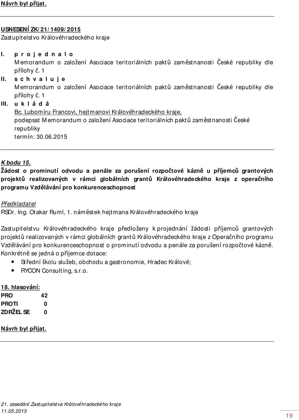 Lubomíru Francovi, hejtmanovi Královéhradeckého kraje, podepsat Memorandum o založení Asociace teritoriálních paktů zaměstnanosti České republiky termín: 30.06.2015 K bodu 15.