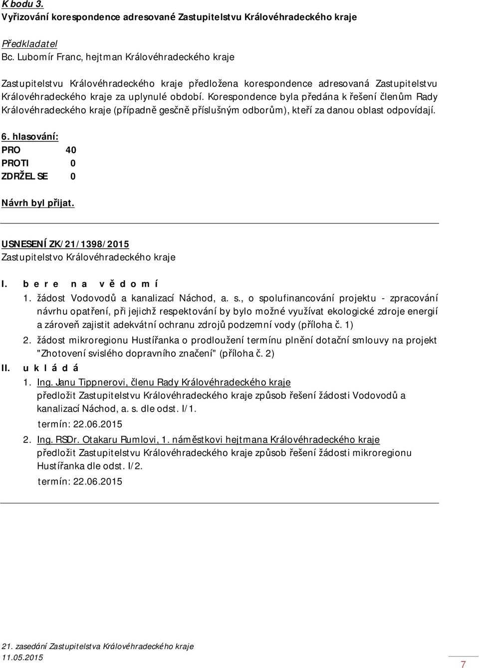 Korespondence byla předána k řešení členům Rady Královéhradeckého kraje (případně gesčně příslušným odborům), kteří za danou oblast odpovídají. 6. hlasování: PRO 40 USNESENÍ ZK/21/1398/2015 I.