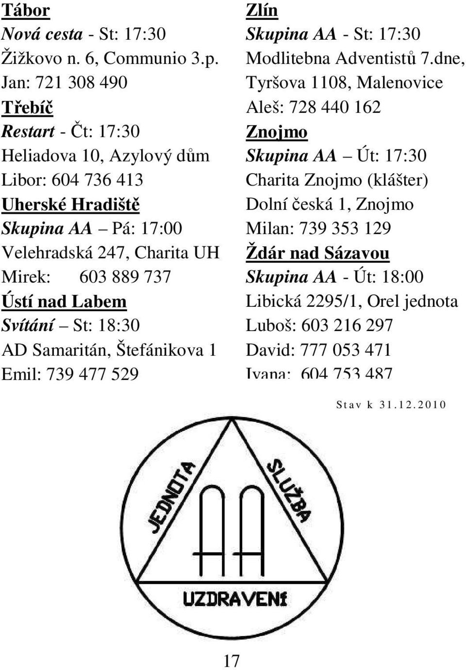 603 889 737 Ústí nad Labem Svítání St: 18:30 AD Samaritán, Štefánikova 1 Emil: 739 477 529 Zlín Skupina AA - St: 17:30 Modlitebna Adventistů 7.