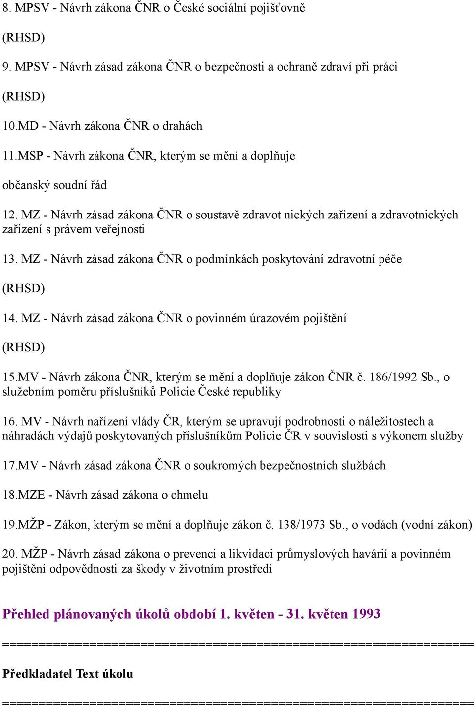 MZ - Návrh zásad zákona ČNR o podmínkách poskytování zdravotní péče 14. MZ - Návrh zásad zákona ČNR o povinném úrazovém pojištění 15.MV - Návrh zákona ČNR, kterým se mění a doplňuje zákon ČNR č.