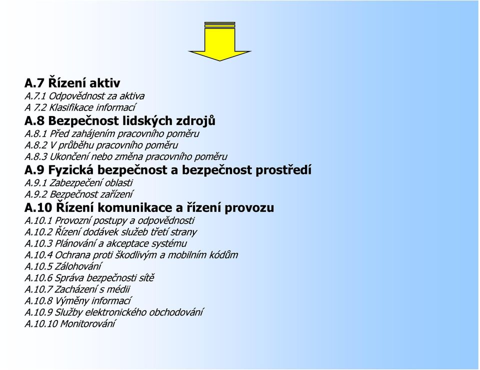 10 Řízení komunikace a řízení provozu A.10.1 Provozní postupy a odpovědnosti A.10.2 Řízení dodávek služeb třetí strany A.10.3 Plánování a akceptace systému A.10.4 Ochrana proti škodlivým a mobilním kódům A.