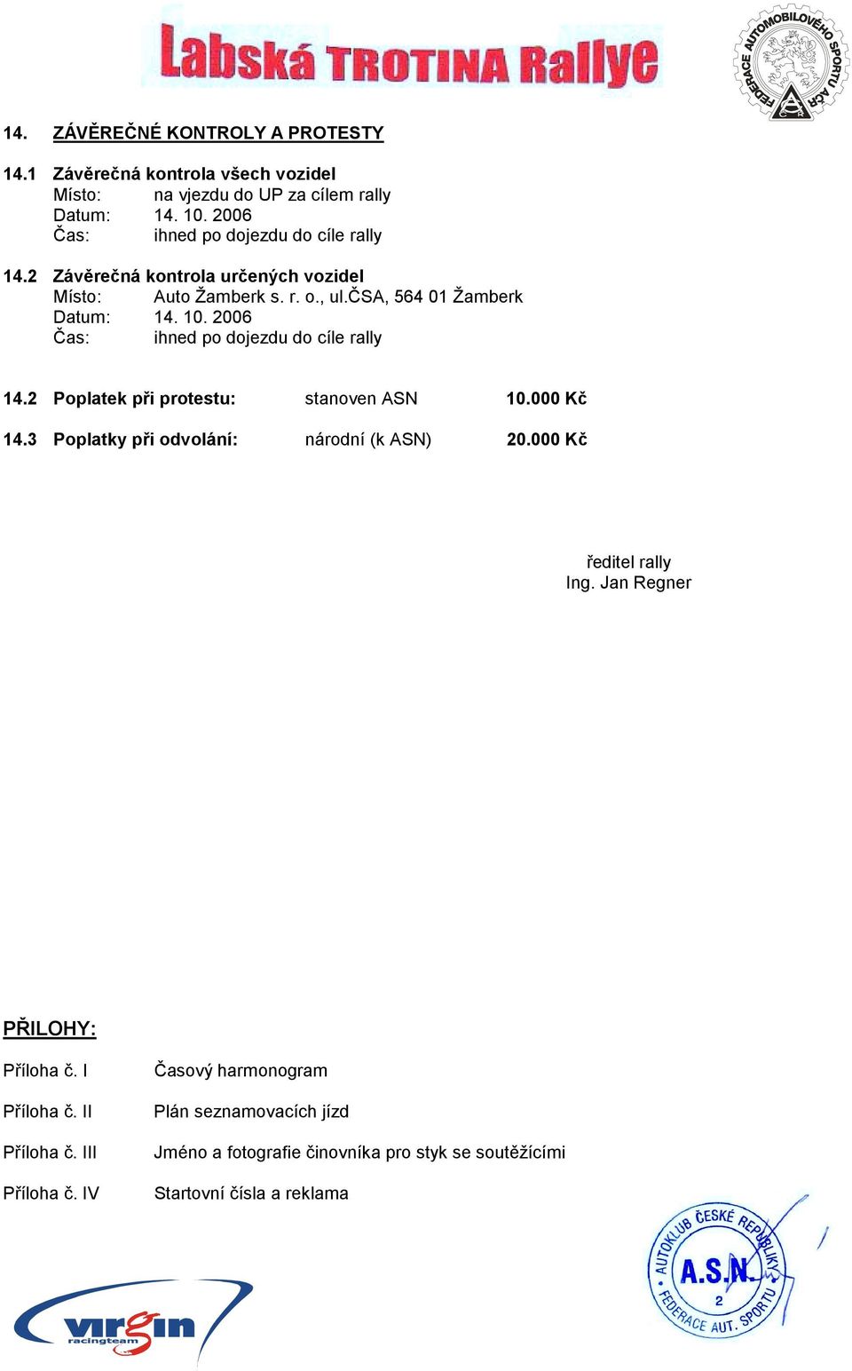 2006 Čas: ihned po dojezdu do cíle rally 14.2 Poplatek při protestu: stanoven ASN 10.000 Kč 14.3 Poplatky při odvolání: národní (k ASN) 20.