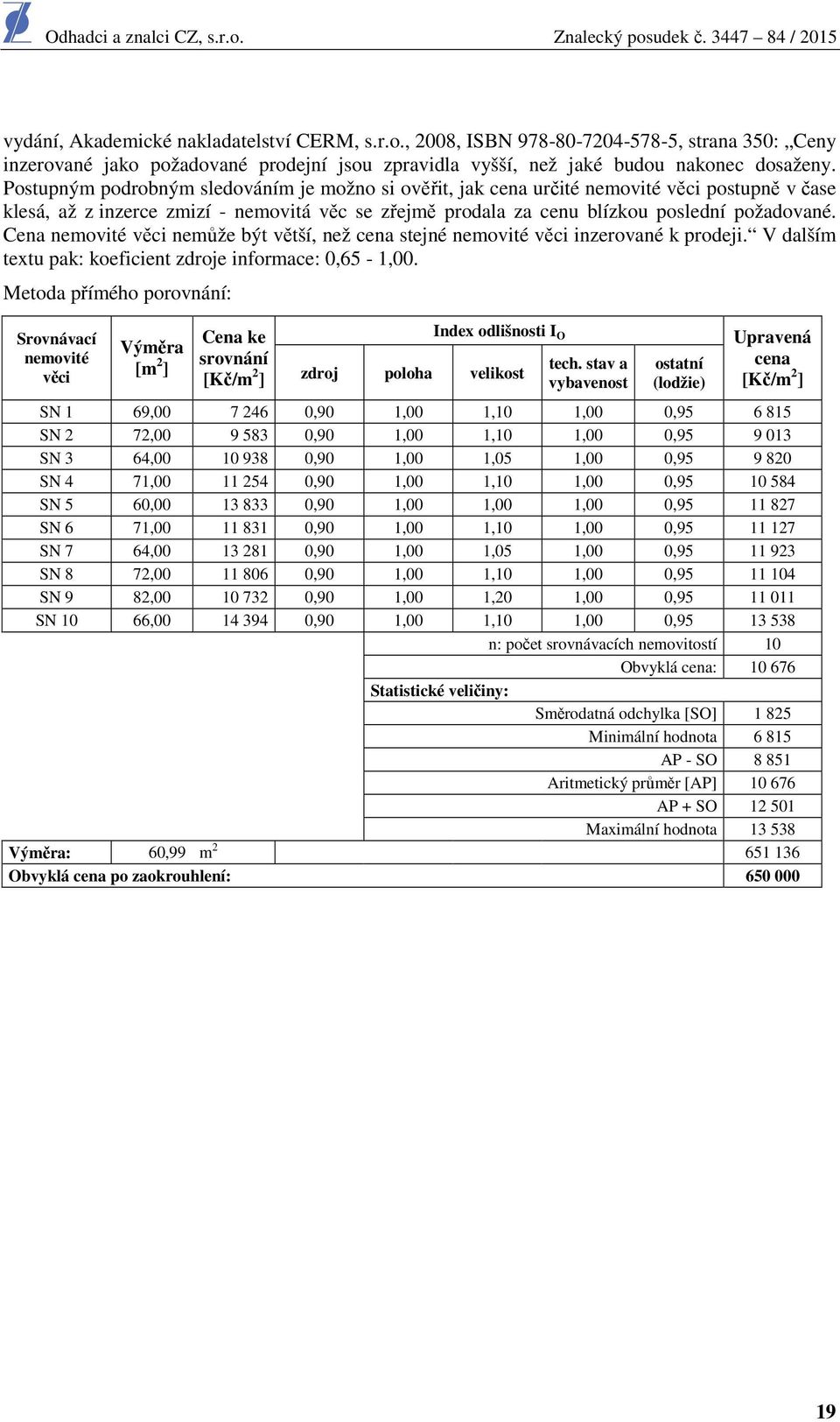 Cena nemovité věci nemůže být větší, než cena stejné nemovité věci inzerované k prodeji. V dalším textu pak: koeficient zdroje informace: 0,65-1,00.