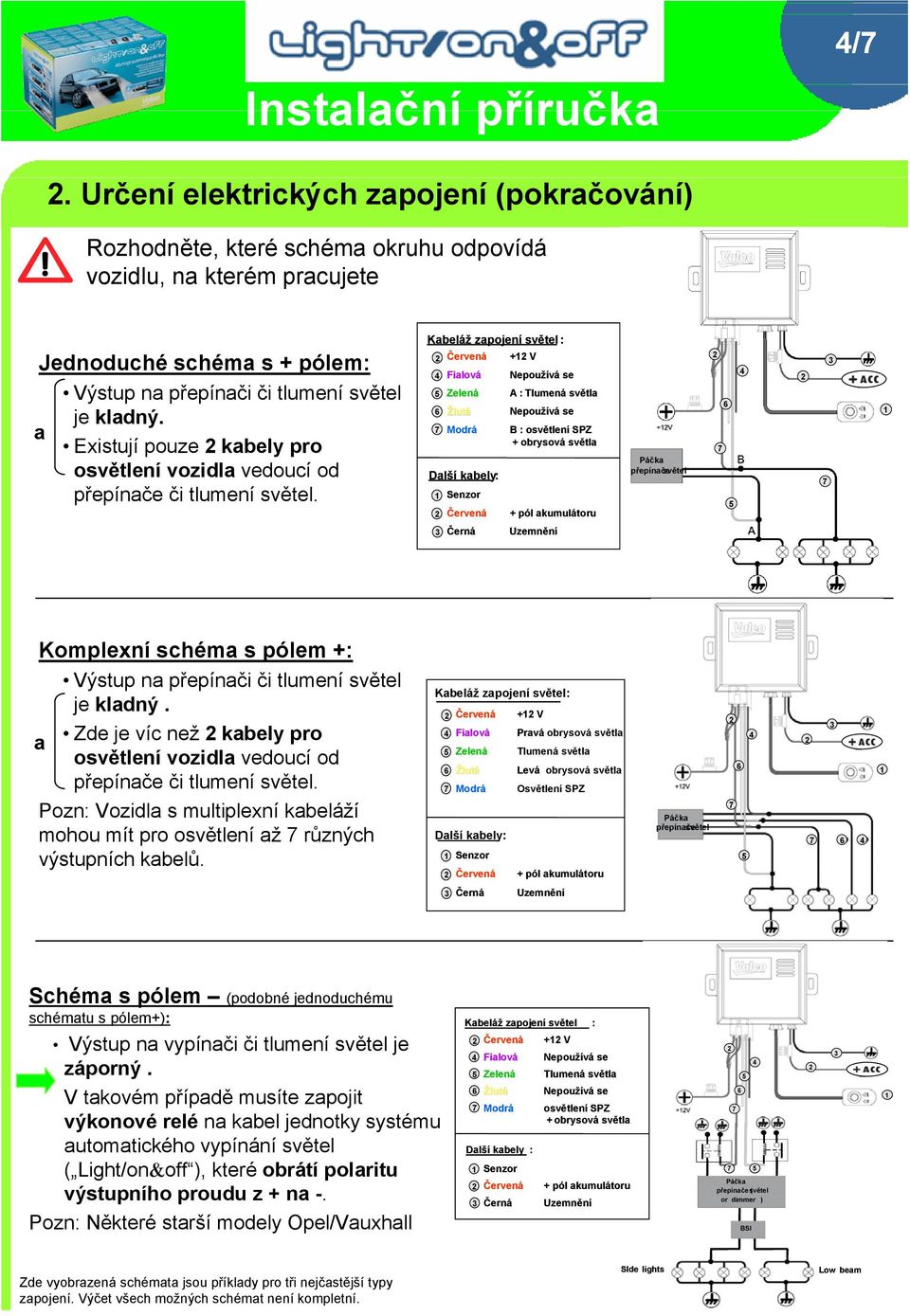 Kabeláž zapojení světel : + V Fialová Zelená A : Tlumená světla Žlutá Modrá B : osvětlení SPZ + obrysová světla Další kabely: Senzor + pól akumulátoru Páčka přepínače světel Černá Uzemnění Komplexní