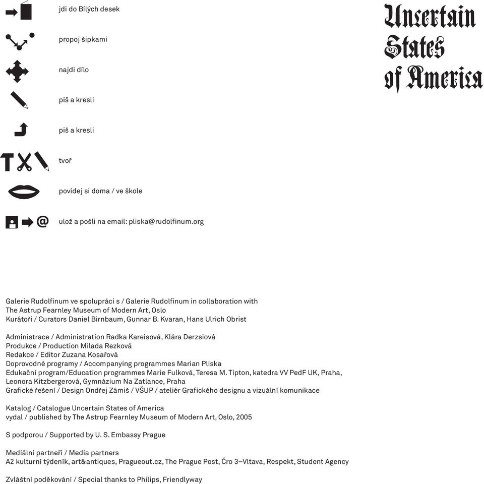 Kvaran, Hans Ulrich Obrist Administrace / Administration Radka Kareisová, Klára Derzsiová Produkce / Production Milada Rezková Redakce / Editor Zuzana Kosařová Doprovodné programy / Accompanying