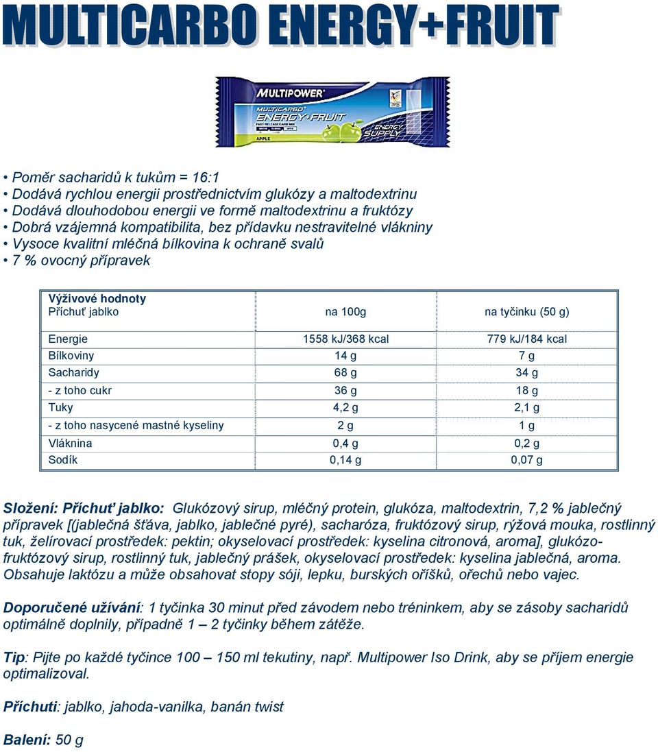 Sacharidy 68 g 34 g - z toho cukr 36 g 18 g Tuky 4,2 g 2,1 g - z toho nasycené mastné kyseliny 2 g 1 g Vláknina 0,4 g 0,2 g Sodík 0,14 g 0,07 g Složení: Příchuť jablko: Glukózový sirup, mléčný