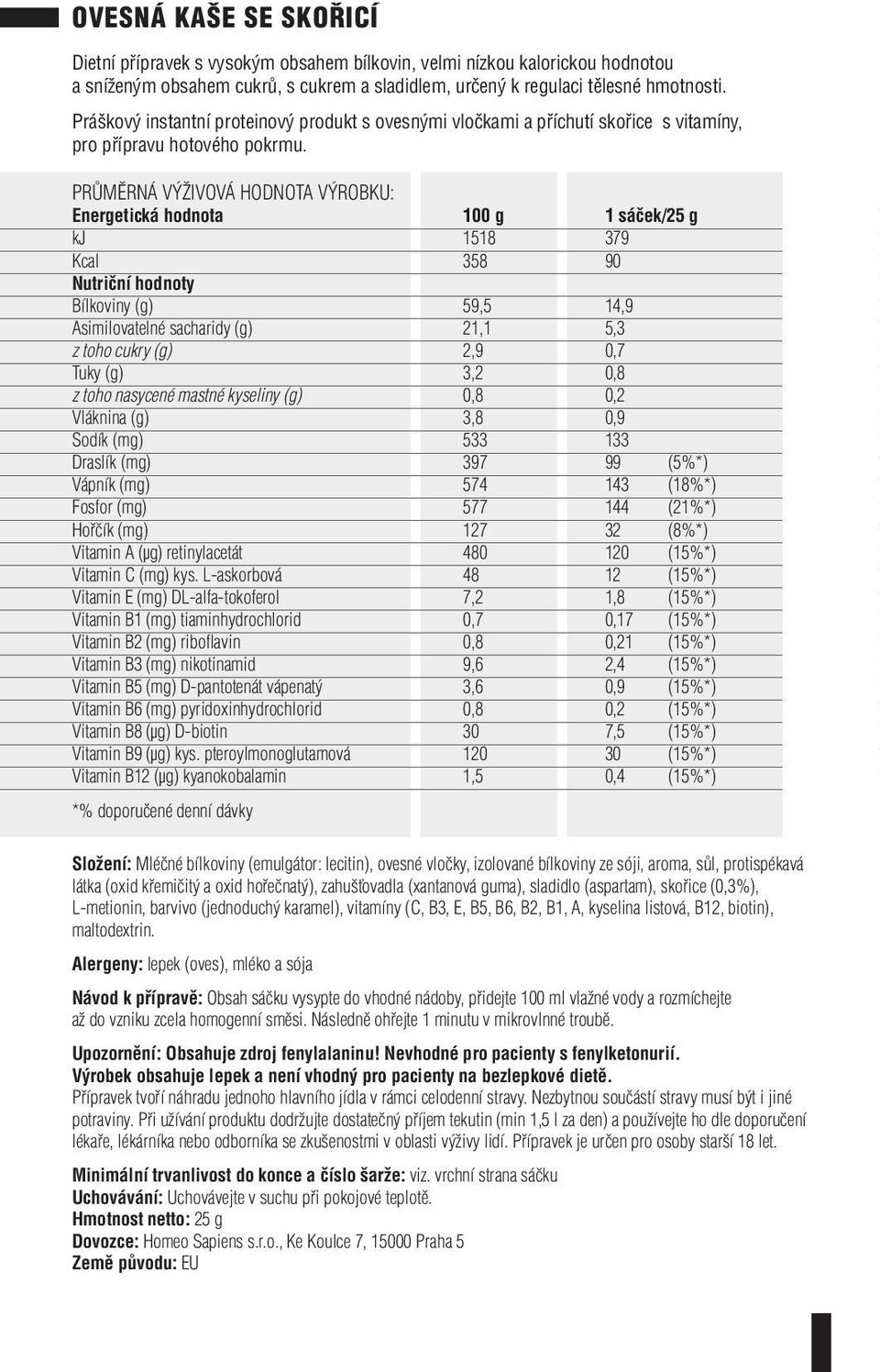 kj 1518 379 Kcal 358 90 Bílkoviny (g) 59,5 14,9 Asimilovatelné sacharidy (g) 21,1 5,3 z toho cukry (g) 2,9 0,7 Tuky (g) 3,2 0,8 z toho nasycené mastné kyseliny (g) 0,8 0,2 Vláknina (g) 3,8 0,9 Sodík