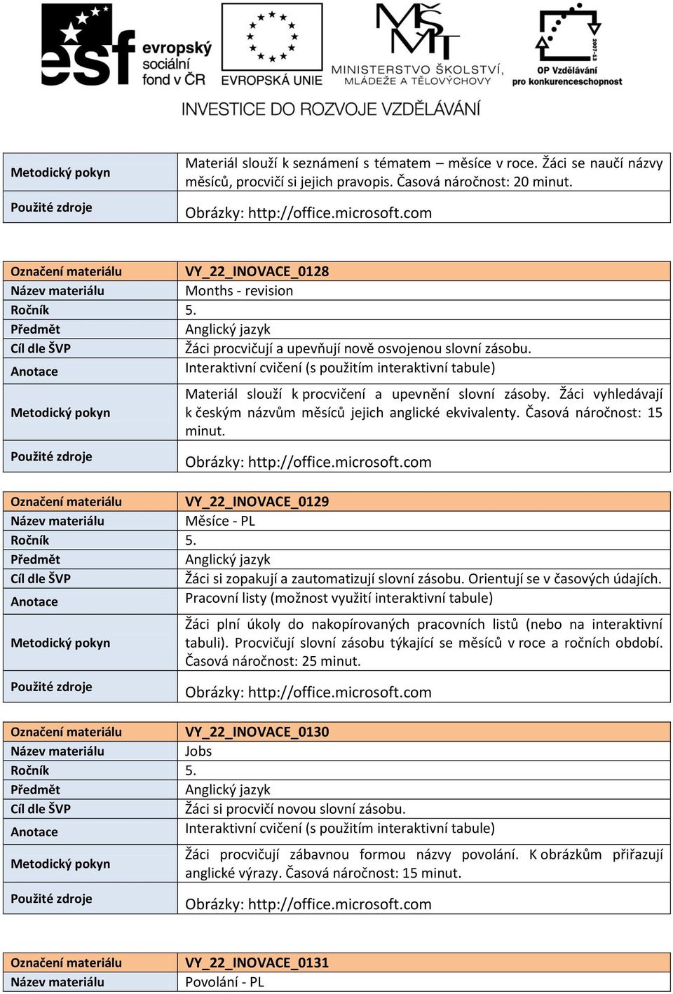 Žáci vyhledávají k českým názvům měsíců jejich anglické ekvivalenty. Časová náročnost: 15 minut. Označení materiálu VY_22_INOVACE_0129 Měsíce - PL Žáci si zopakují a zautomatizují slovní zásobu.