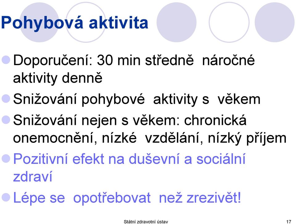 onemocnění, nízké vzdělání, nízký příjem Pozitivní efekt na duševní a