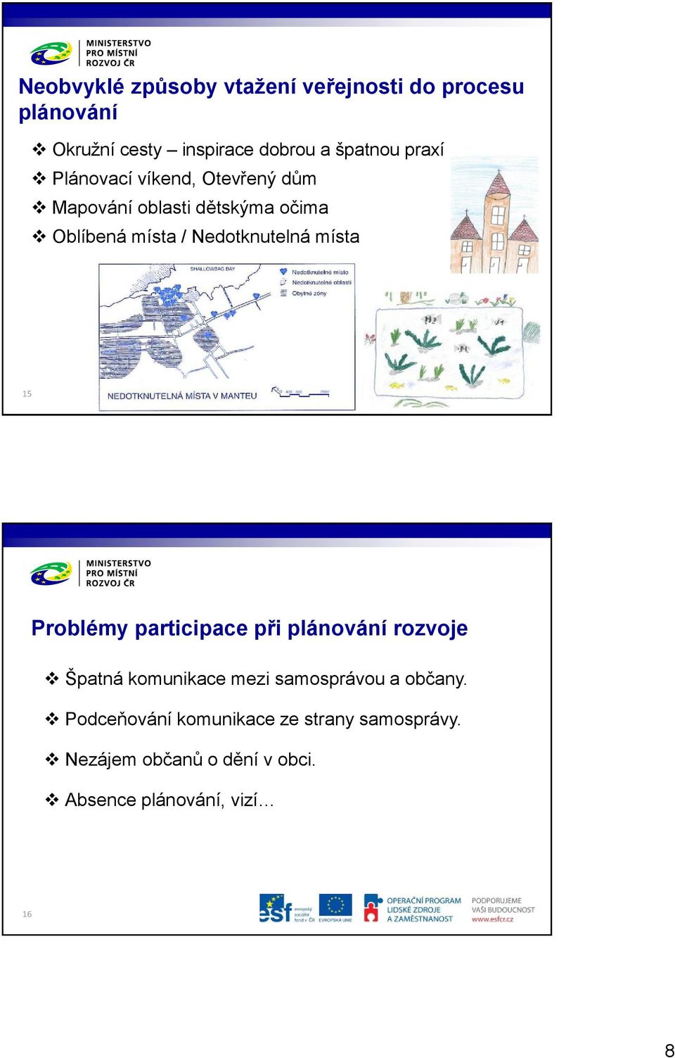 místa 15 Problémy participace při plánování rozvoje Špatná komunikace mezi samosprávou a občany.