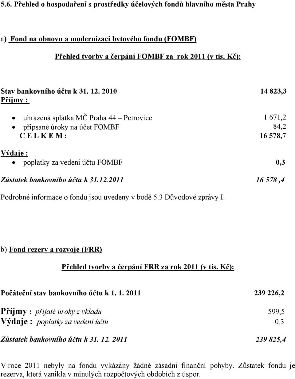 2010 14 823,3 Příjmy : uhrazená splátka MČ Praha 44 Petrovice 1 671,2 připsané úroky na účet FOMBF 84,2 C E L K E M : 16 578,7 Výdaje : poplatky za vedení účtu FOMBF 0,3 Zůstatek bankovního účtu k 31.