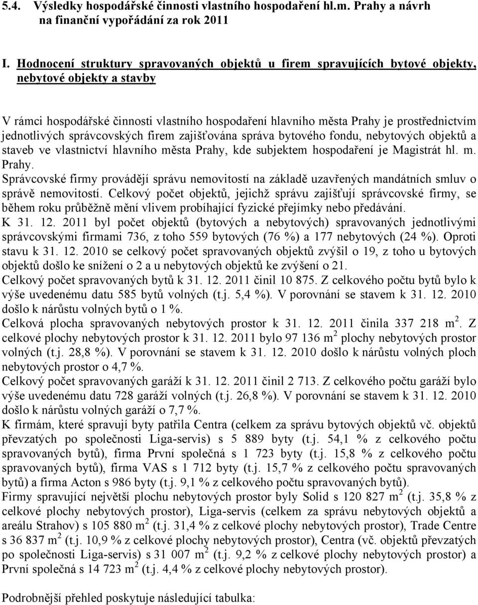 jednotlivých správcovských firem zajišťována správa bytového fondu, nebytových objektů a staveb ve vlastnictví hlavního města Prahy,