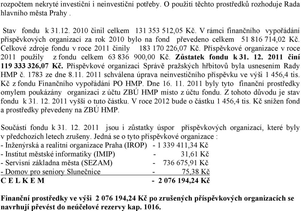 Příspěvkové organizace v roce 2011 použily z fondu celkem 63 836 900,00 Kč. Zůstatek fondu k 31. 12. 2011 činí 119 333 326,07 Kč.