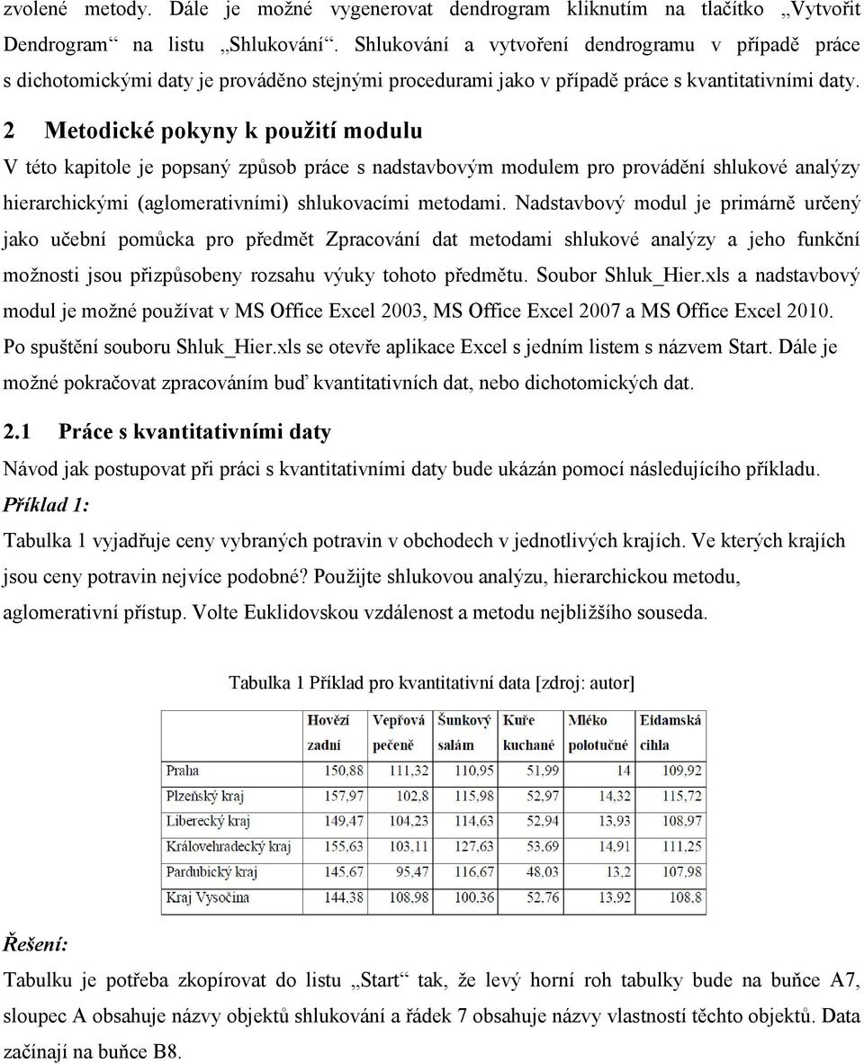 2 Metodické pokyny k použití modulu V této kapitole je popsaný způsob práce s nadstavbovým modulem pro provádění shlukové analýzy hierarchickými (aglomerativními) shlukovacími metodami.