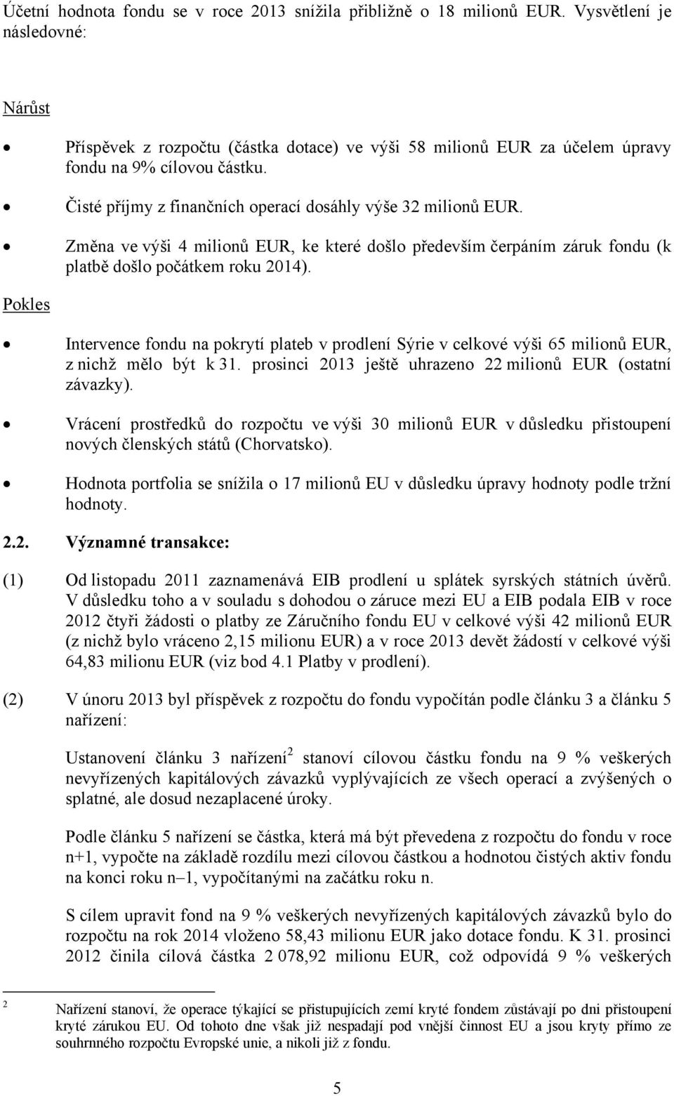 Změna ve výši 4 milionů EUR, ke které došlo především čerpáním záruk fondu (k platbě došlo počátkem roku 2014).