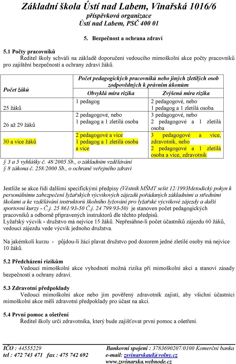 nebo 2 pedagogové, nebo 1 pedagog a 1 zletilá osoba 2 pedagogové a více 1 pedagog a 1 zletilá osoba a více 3 a 5 vyhlášky č. 48/2005 Sb., o základním vzdělávání 8 zákona č. 258/2000 Sb.