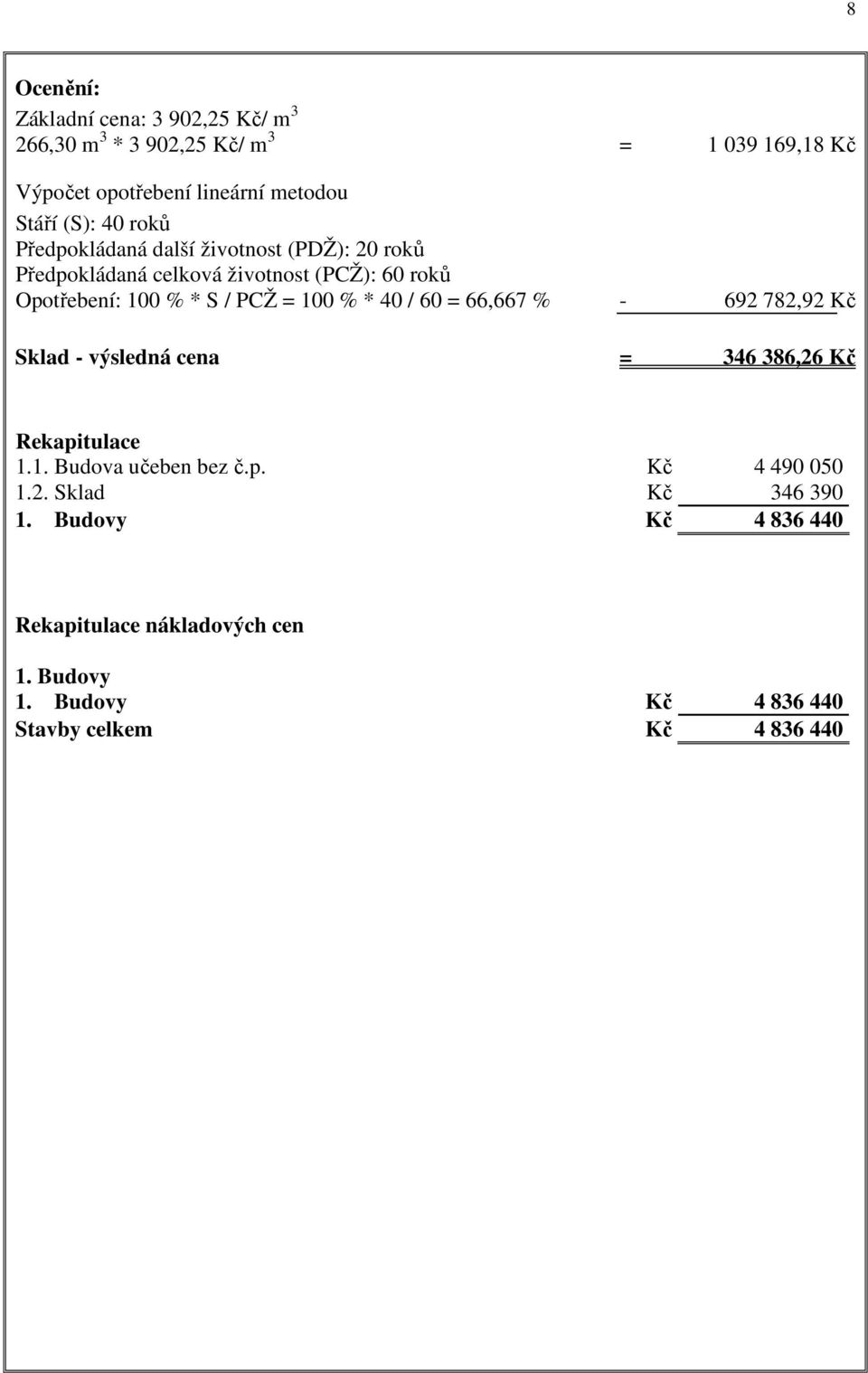 = 100 % * 40 / 60 = 66,667 % - 692 782,92 Kč Sklad - výsledná cena = 346 386,26 Kč Rekapitulace 1.1. Budova učeben bez č.p. Kč 4 490 050 1.