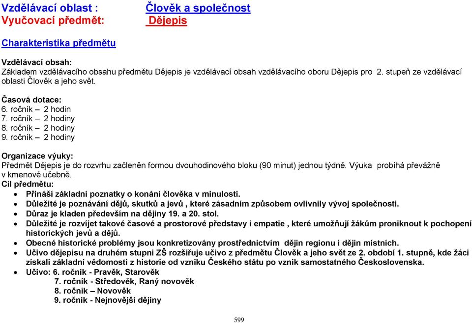 ročník 2 hodiny Organizace výuky: Předmět Dějepis je do rozvrhu začleněn formou dvouhodinového bloku (90 minut) jednou týdně. Výuka probíhá převážně v kmenové učebně.