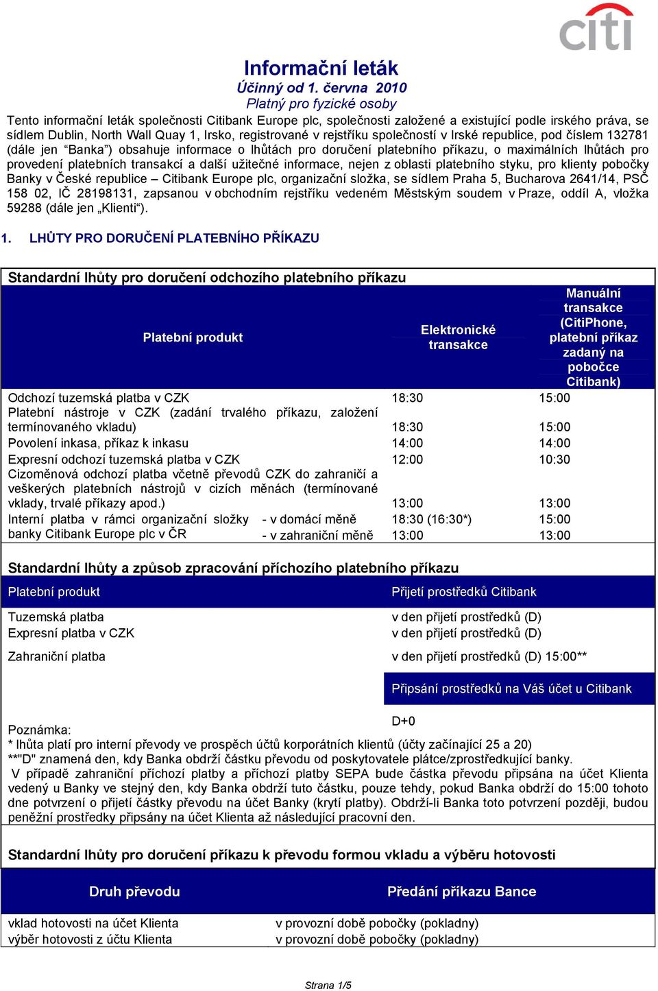z oblasti platebního styku, pro klienty pobočky Banky v České republice Citibank Europe plc, organizační složka, se sídlem Praha 5, Bucharova 2641/14, PSČ 158 02, IČ 28198131, zapsanou v obchodním