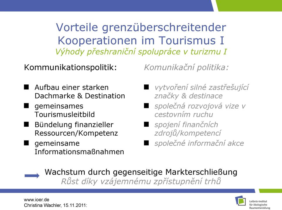 Ressourcen/Kompetenz gemeinsame Informationsmaßnahmen vytvoření silné zastřešující značky & destinace společná rozvojová vize v