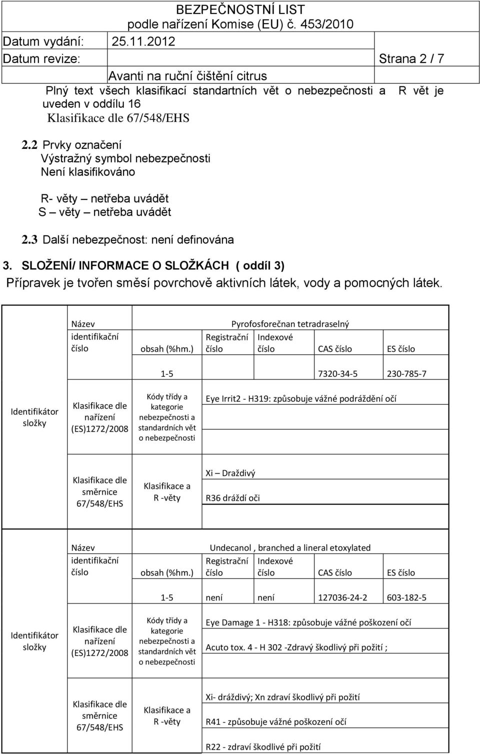 SLOŽENÍ/ INFORMACE O SLOŽKÁCH ( oddíl 3) Přípravek je tvořen směsí povrchově aktivních látek, vody a pomocných látek. Název identifikační číslo obsah (%hm.