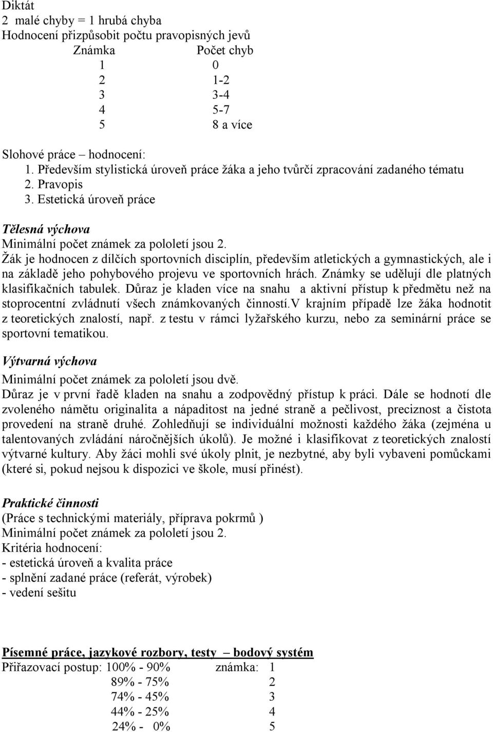 Žák je hodnocen z dílčích sportovních disciplín, především atletických a gymnastických, ale i na základě jeho pohybového projevu ve sportovních hrách.