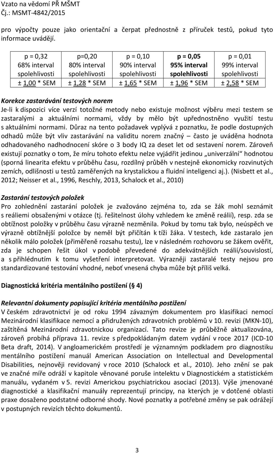 SEM ± 1,65 * SEM ± 1,96 * SEM ± 2,58 * SEM Korekce zastarávání testových norem Je-li k dispozici více verzí totožné metody nebo existuje možnost výběru mezi testem se zastaralými a aktuálními